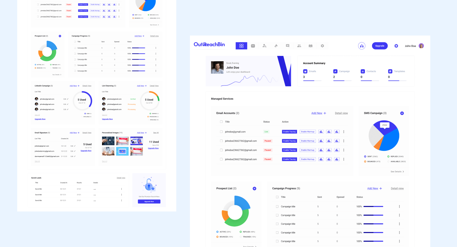 OutreachBin user dashboard — accounts, campaigns, and warm-up controls