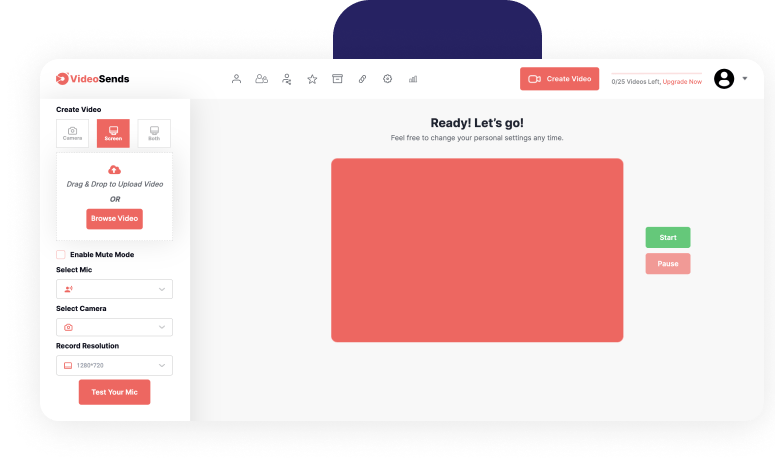 VideoSends in-browser recording — configure mic, camera, and resolution