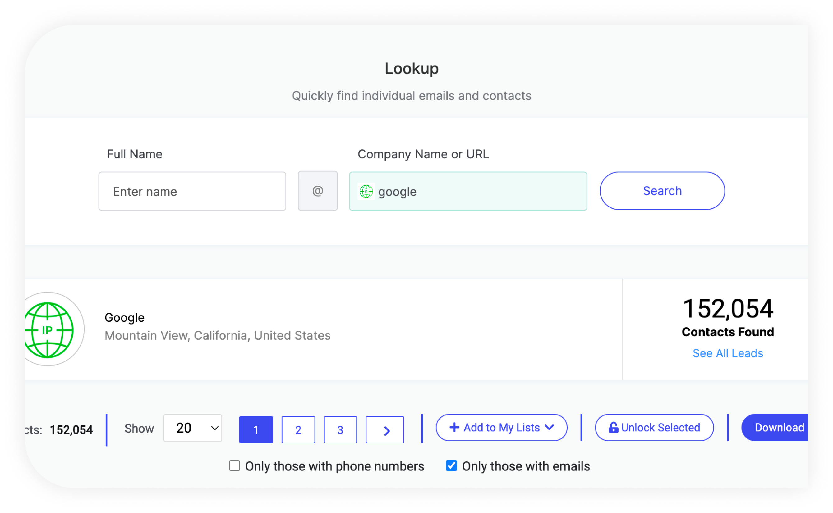 OneMoreLead company search and list views