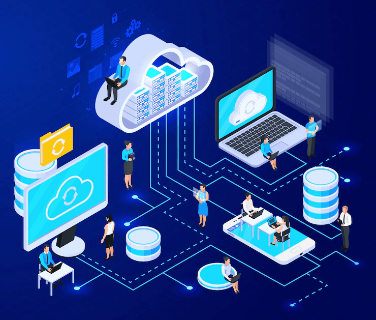 Cloud services isometric composition with big of cloud computing infrastructure elements connected with dashed lines